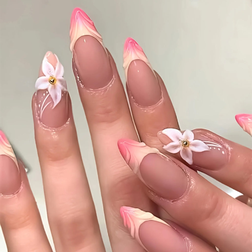 24PCS Press On Acyrlic Nails Leopard Flower Design Fake Nails Long Almond 3D Golden Stripes Decor French False Nails Removable