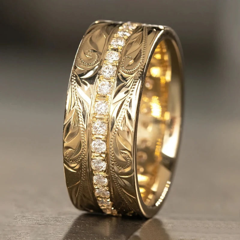 Huitan Women CZ Engraved Finger Ring – White/Blue Statement Jewelry