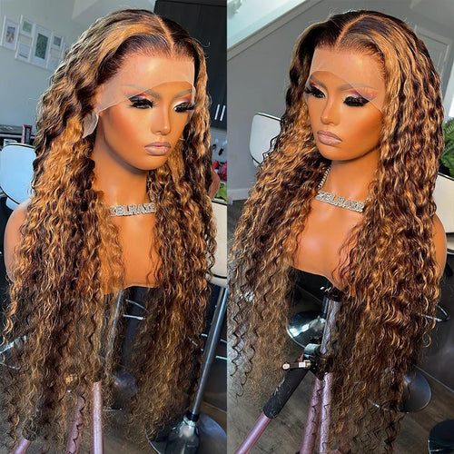 30 Inch 250 Density Highlight Honey Brown Curly Lace Front Human Hair Wigs 13x6 Ombre Colored Deep Wave Lace Frontal Wig