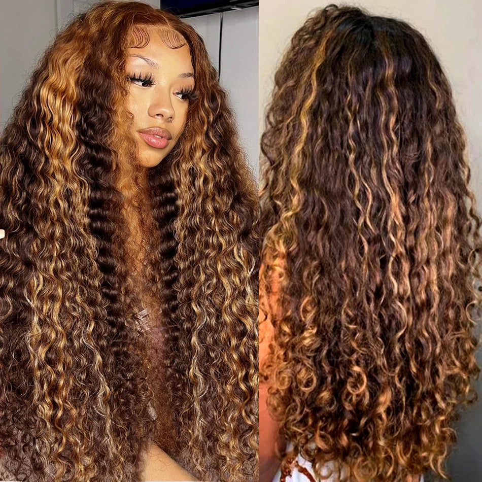 30 Inch 250 Density Highlight Honey Brown Curly Lace Front Human Hair Wigs 13x6 Ombre Colored Deep Wave Lace Frontal Wig