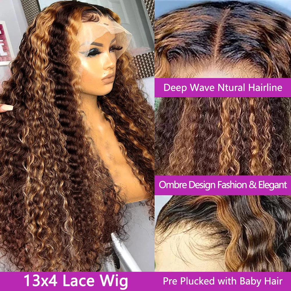 30 Inch 250 Density Highlight Honey Brown Curly Lace Front Human Hair Wigs 13x6 Ombre Colored Deep Wave Lace Frontal Wig