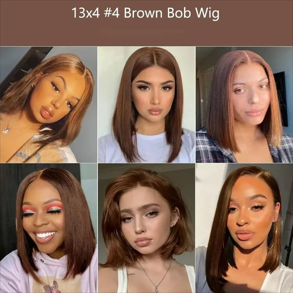 220 Density Full Frontal 13x4 HD Transparent Lace #4 Chocolate Brown Straight Short Bob Wig Human Hair Wigs Pre Plucked Wig