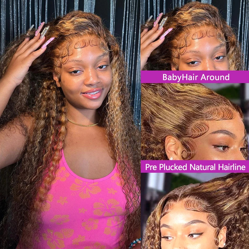 30 Inch 250 Density Highlight Honey Brown Curly Lace Front Human Hair Wigs 13x6 Ombre Colored Deep Wave Lace Frontal Wig