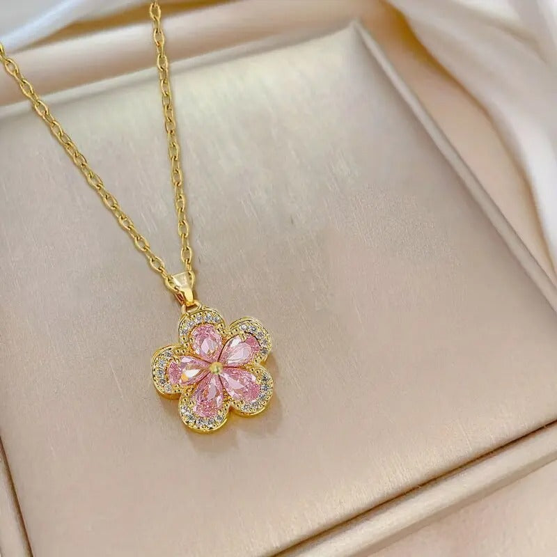 Women Pink Glass Copper Pendant Necklace – Light Luxury Jewelry