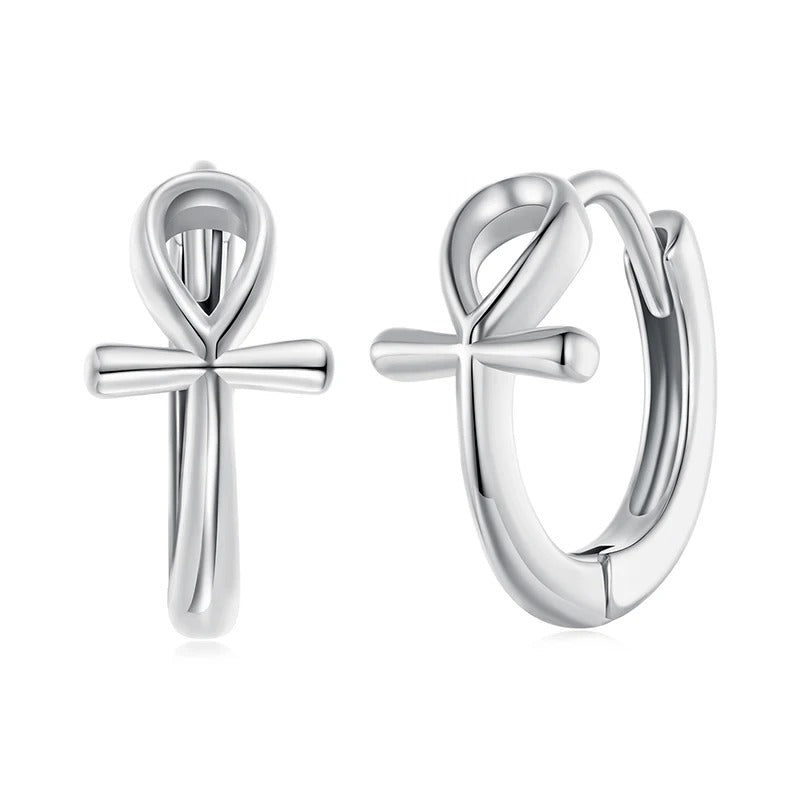 WOSTU 925 Sterling Silver Ankh Cross Huggie Earrings