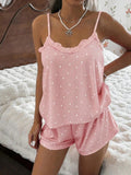 Women’s Cute Heart Print Pajama Set – Lace Trim Suspender Top & Shorts Sleepwear (White/Black)