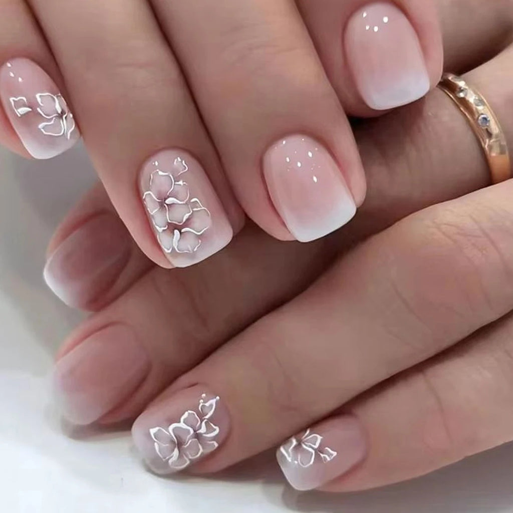 24PCS White Heart French Tip Press On Nails