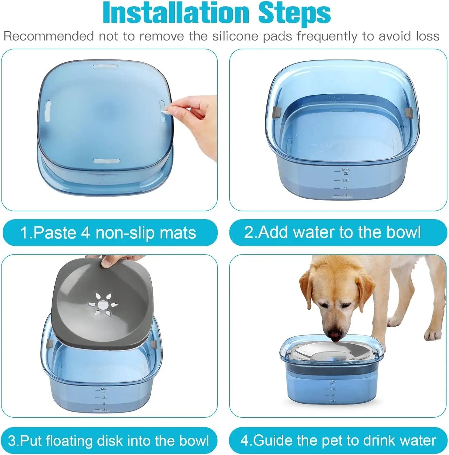 70oz Spill-Proof Dog Water Bowl – 2L Large No-Splash Slow Feeder
