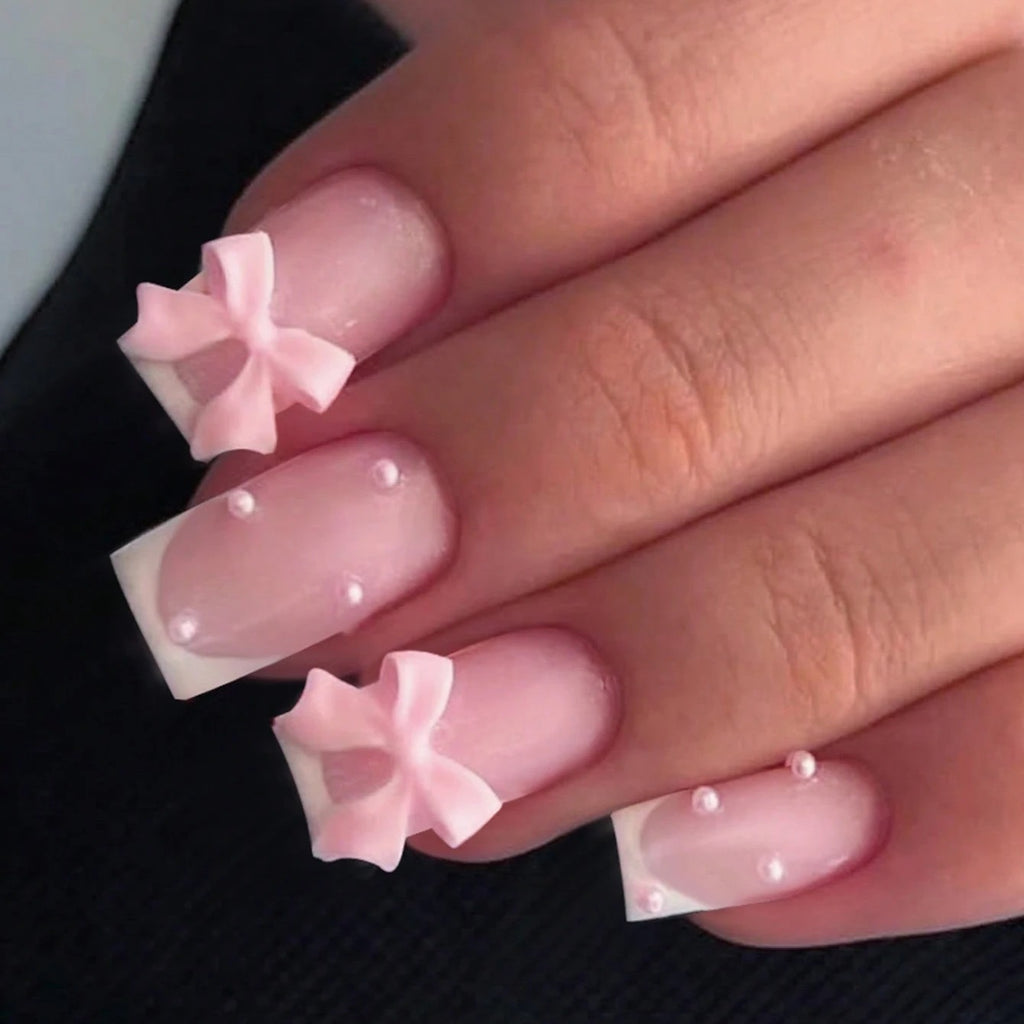 24PCS White Heart French Tip Press On Nails