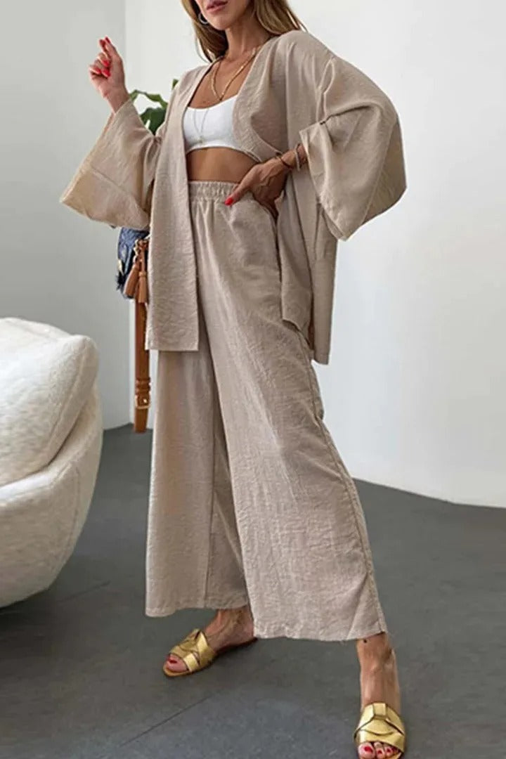 Women’s Linen 2-Piece Suit Set – Bat Sleeve Blouse & Wide Leg Pants, Elegant Loose Outfit 2024