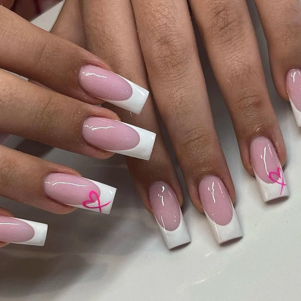 24PCS White Heart French Tip Press On Nails