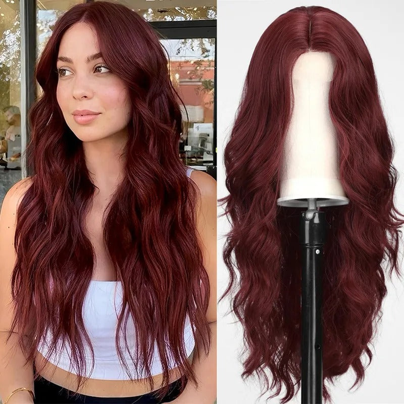 Red Center-Parted Long Wavy Synthetic Cosplay Wig