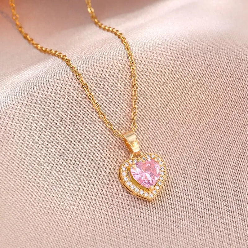 Women Pink Glass Copper Pendant Necklace – Light Luxury Jewelry
