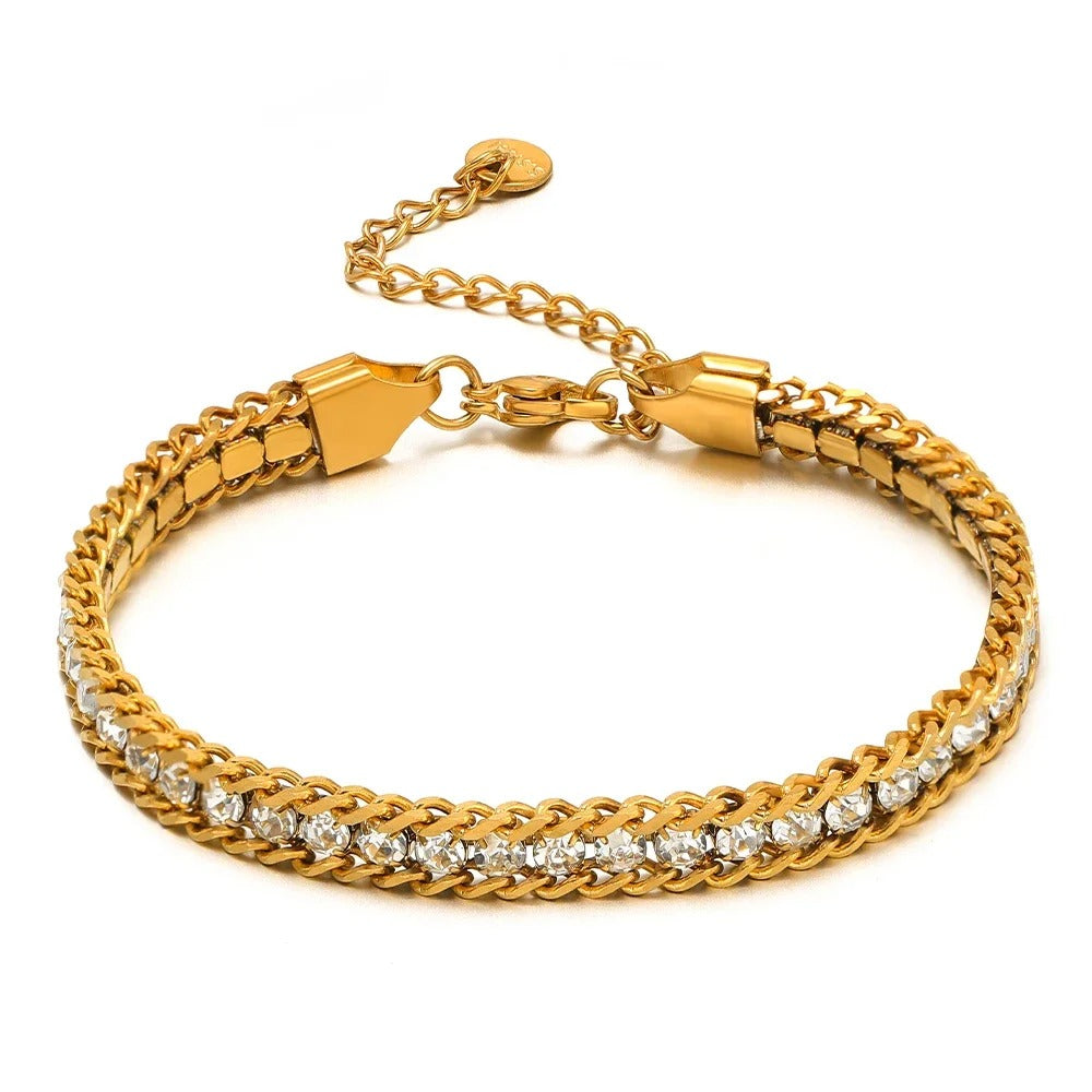 Stainless Steel CZ Inlaid Gold Chain Bracelet for Women