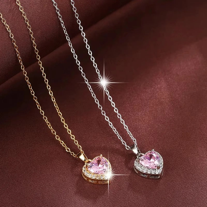 Romantic Pink Heart Zircon Pendant Necklace – Women’s Jewelry Gift