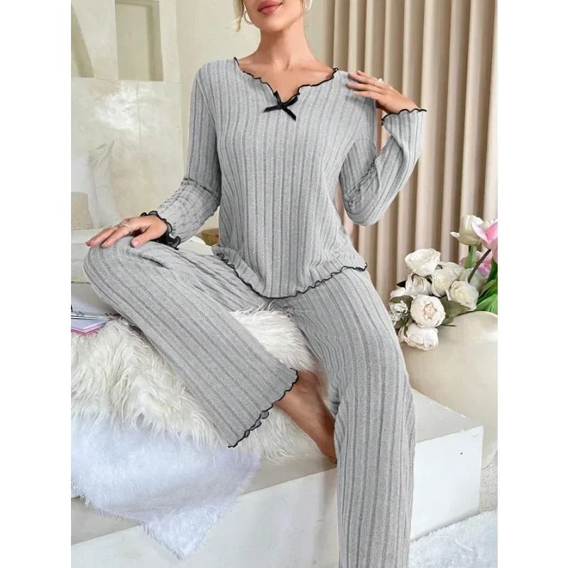 Women Ribbed Winter Pajama Set – Long Sleeve & Pants 2-Piece Loungewear