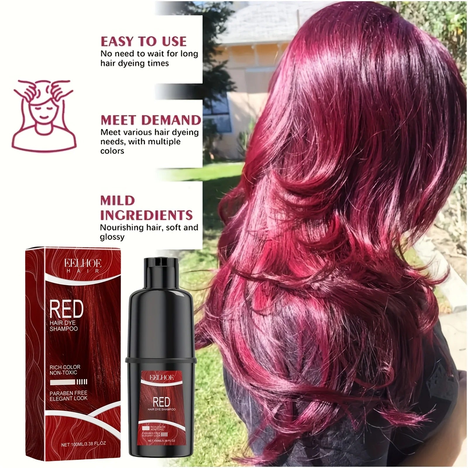Red Hair Dye Shampoo 2pcs – 3-in-1 Coloring, Hydrating & Softening Shampoo