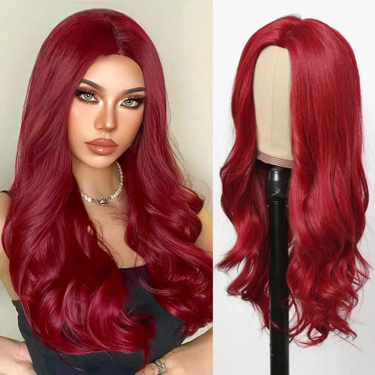 Red Center-Parted Long Wavy Synthetic Cosplay Wig