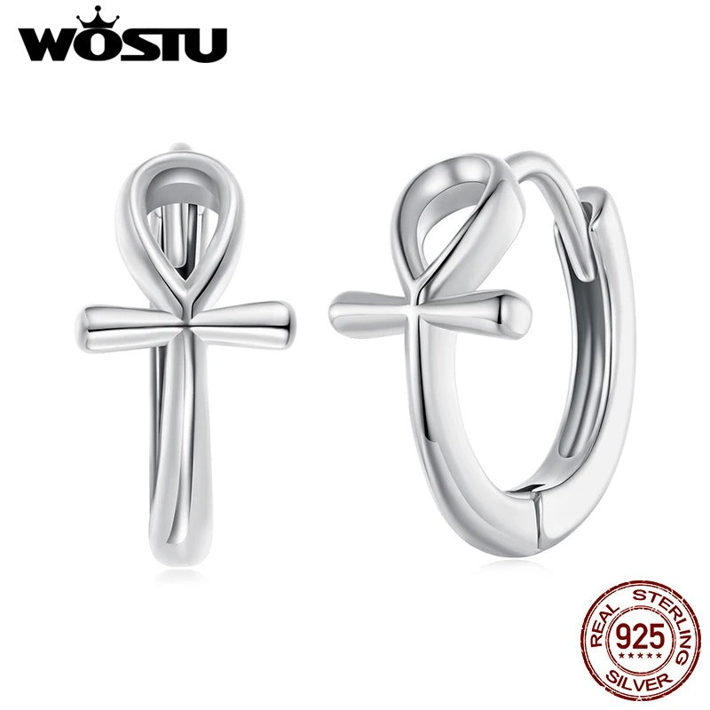 WOSTU 925 Sterling Silver Ankh Cross Huggie Earrings