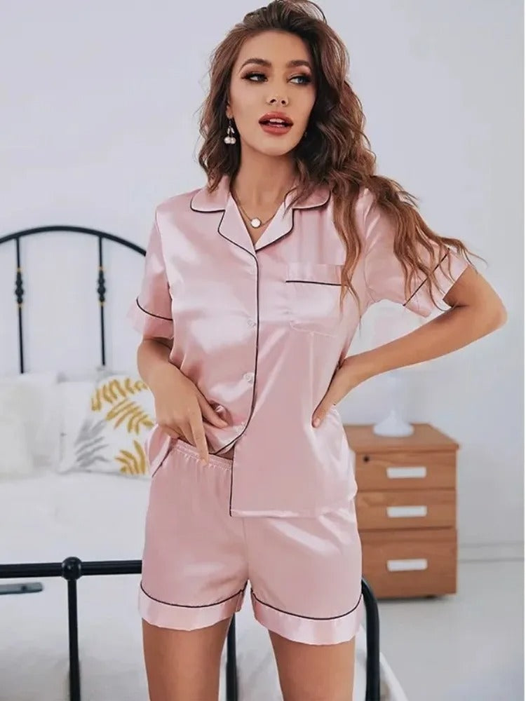 Women’s Summer Silk Satin Pajama Set – Button-Down Shorts Loungewear