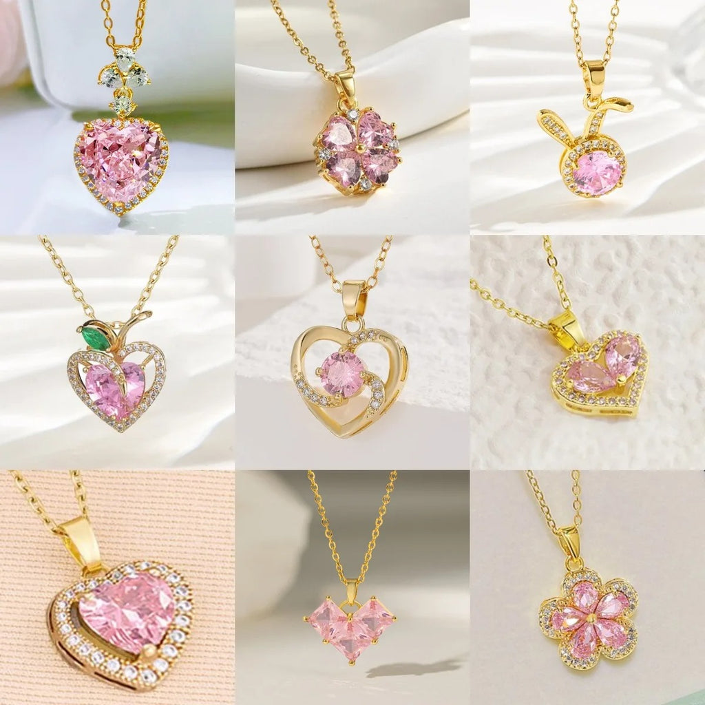Women Pink Glass Copper Pendant Necklace – Light Luxury Jewelry
