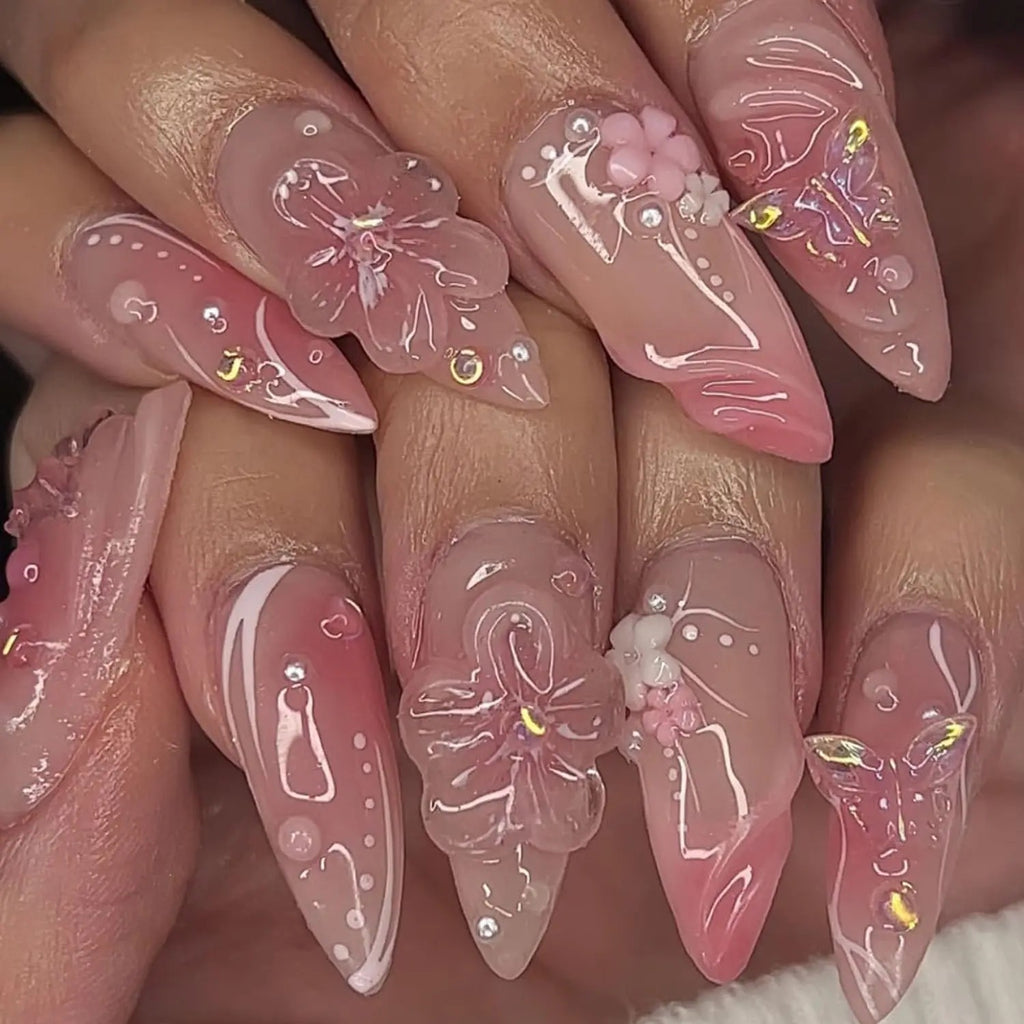 10Pcs Almond Press-On Nails with 3D Flower Design & French Tips
