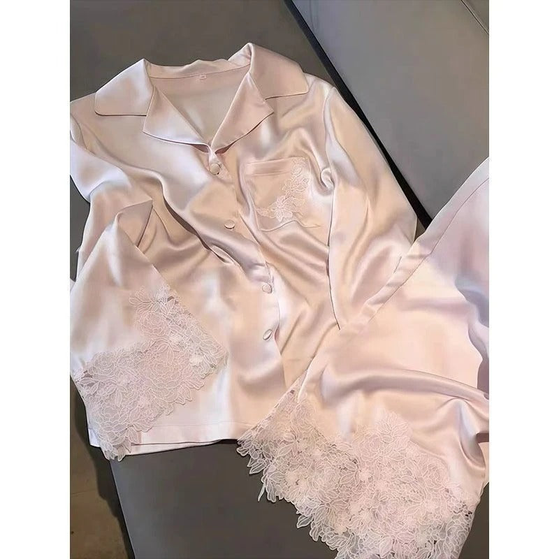 Ice Silk Lace Trim Women’s Pajama Set (Spring/Autumn, Long Sleeve Loungewear)