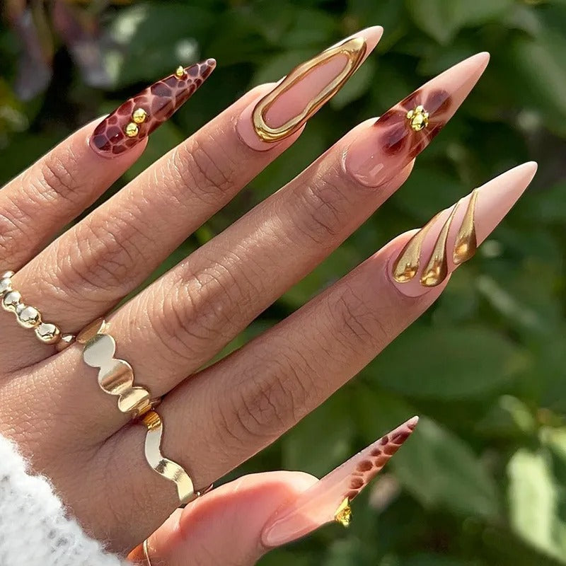 24PCS Press On Acyrlic Nails Leopard Flower Design Fake Nails Long Almond 3D Golden Stripes Decor French False Nails Removable