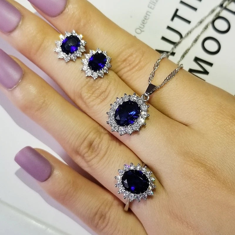 Luxury Blue Sunflower Silver Bridal Jewelry Set (3pcs) – Dubai Style, Women’s Anniversary Gift, Wholesale J5519
