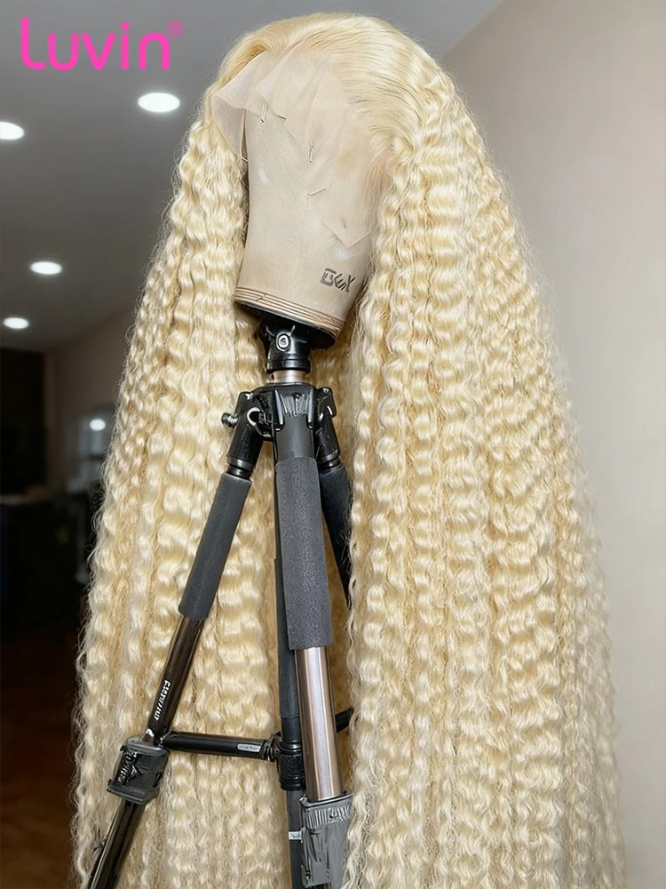 Luvin 613 Honey Blonde Deep Wave Curly Lace Front Human Hair Wig 38" 250% Density