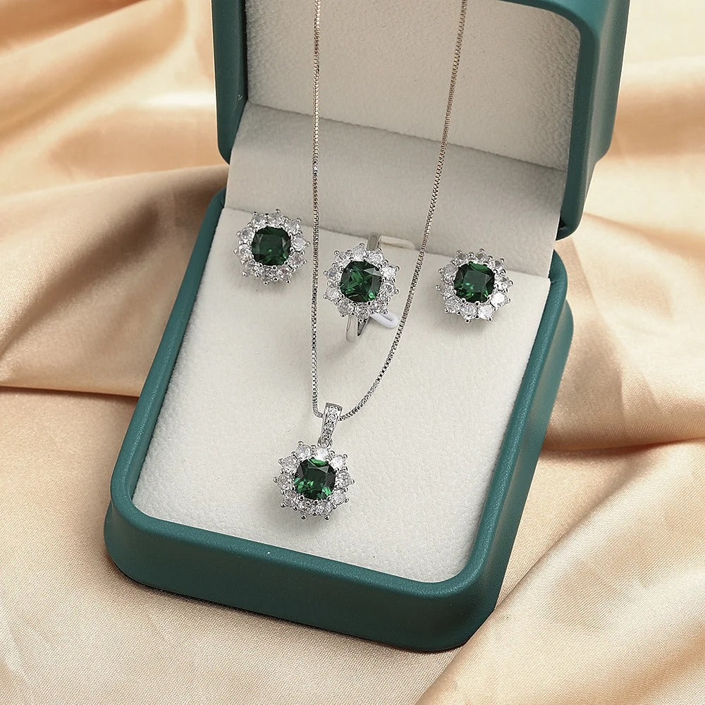 Flower Green Nano Emerald 925 Sterling Silver Halo Jewelry Set for Women (Ring, Necklace & Earrings)