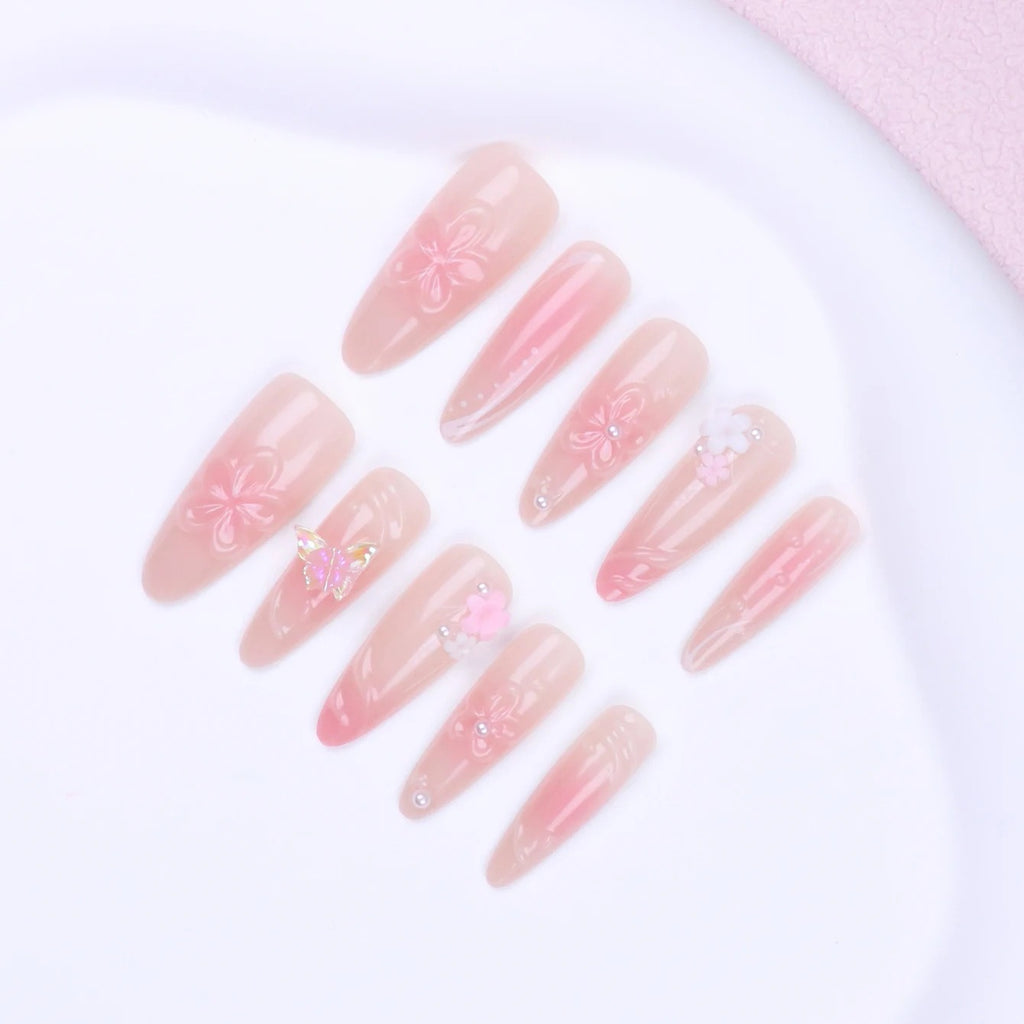 10Pcs Almond Press-On Nails with 3D Flower Design & French Tips
