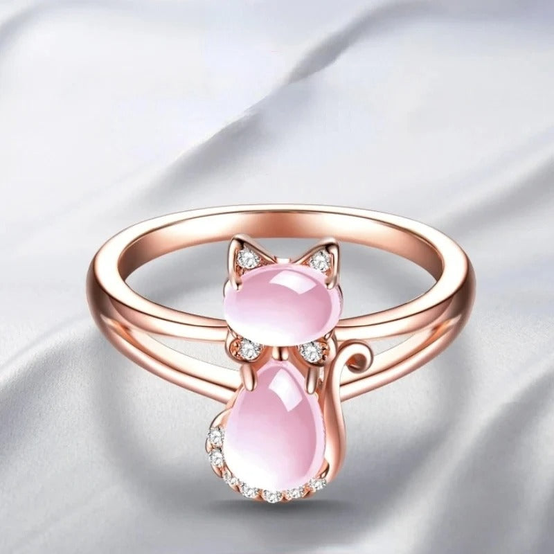 Huitan Pink Cat Ring – Cute Animal Fashion Jewelry for Women & Girls (Daily Wear Gift Ring)