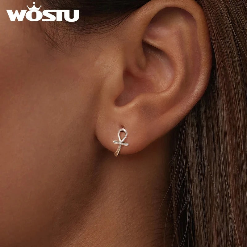 WOSTU 925 Sterling Silver Ankh Cross Huggie Earrings