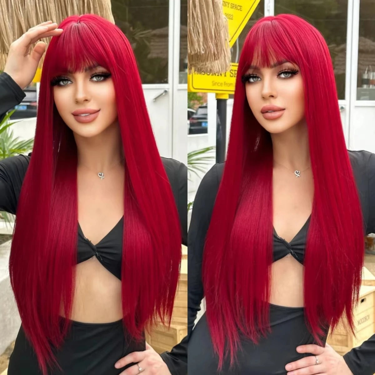 Red Long Straight Synthetic Wig – Halloween Cosplay & Daily Use with Headband
