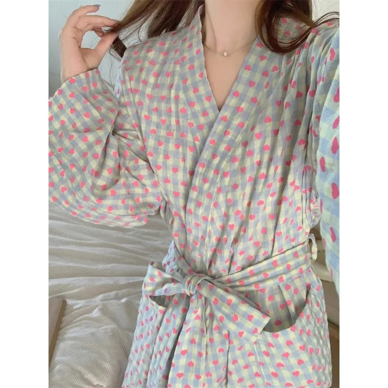 Women Plaid Kimono Nightgown Set – Long Sleeve Sexy Bathrobe with Lace-Up Trousers
