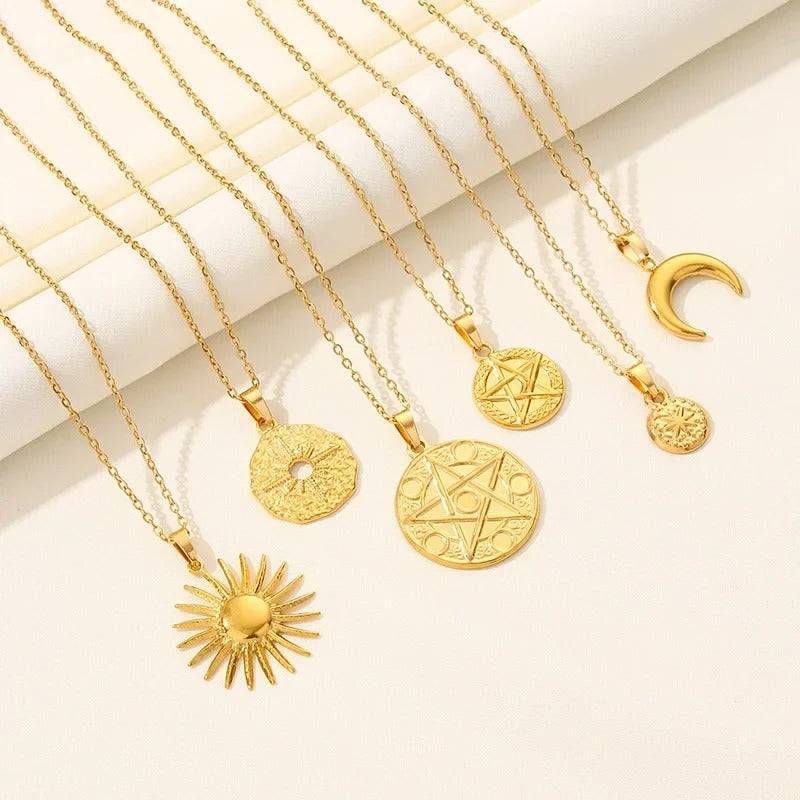 Boho Moon & Sun Stainless Steel Pendant Necklace (Gold & Silver O-Chain)