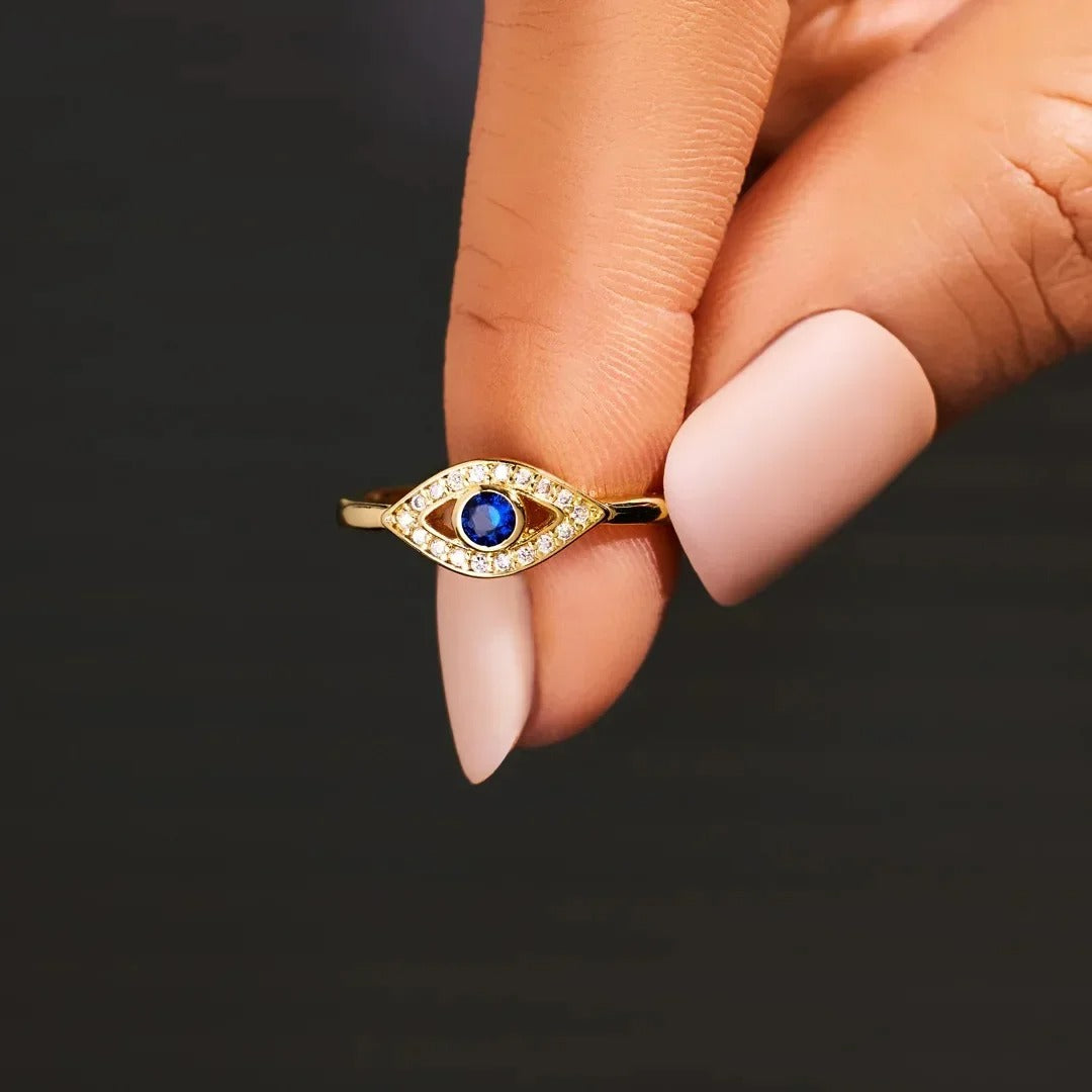 14K Gold Plated Blue Evil Eye Ring – Turkish Nazar Zirconia Women’s Jewelry