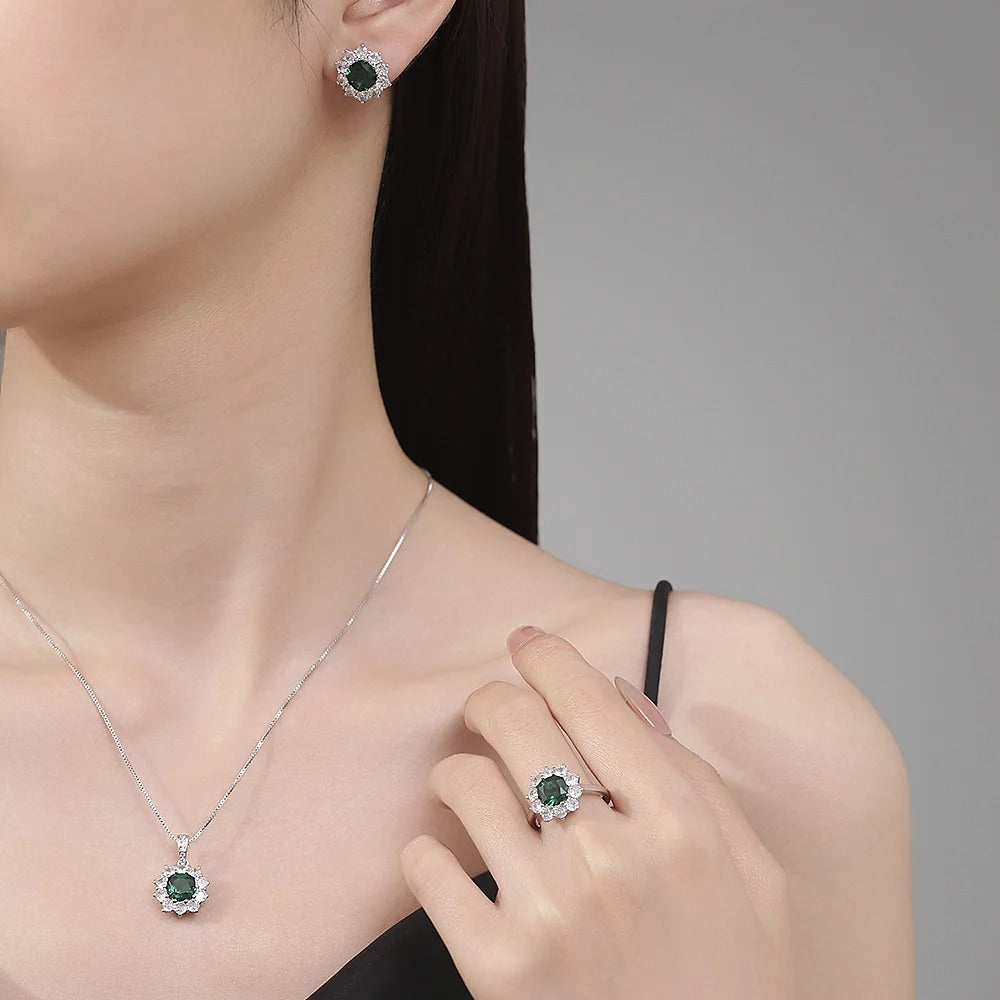 Flower Green Nano Emerald 925 Sterling Silver Halo Jewelry Set for Women (Ring, Necklace & Earrings)