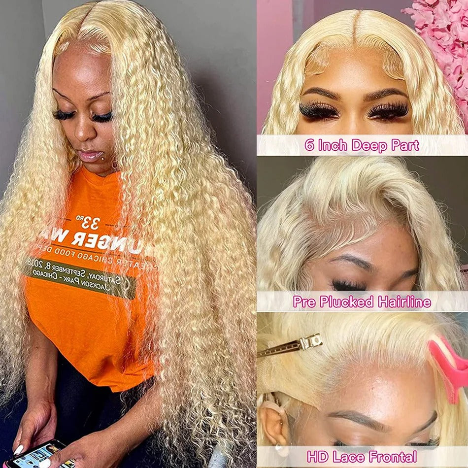 613 Blonde HD Lace Frontal Wig (13x4/13x6) Curly Deep Wave, Pre-Plucked Human Hair 30–38"