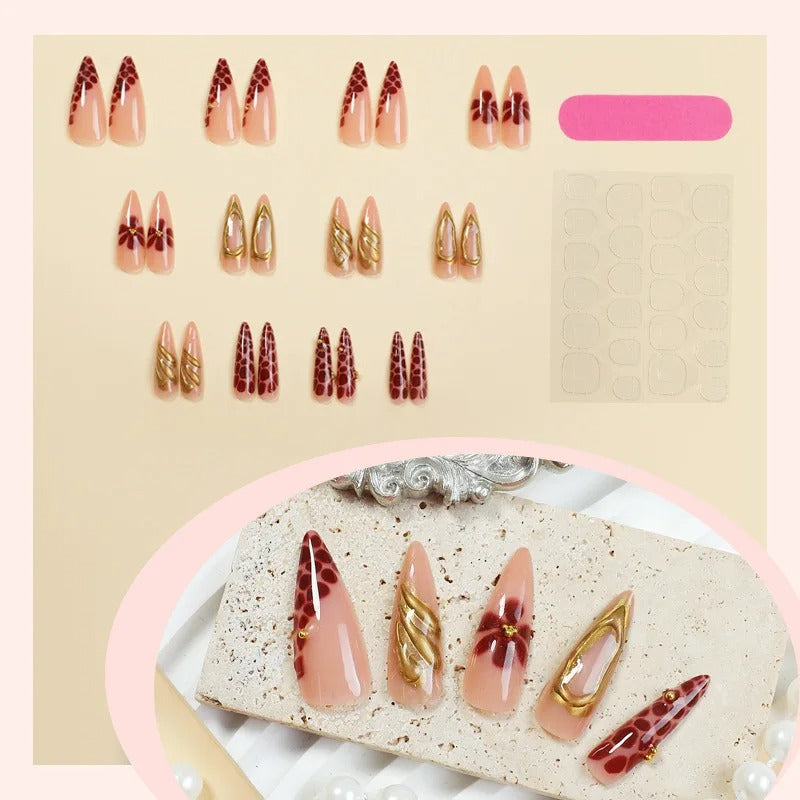 24PCS Press On Acyrlic Nails Leopard Flower Design Fake Nails Long Almond 3D Golden Stripes Decor French False Nails Removable