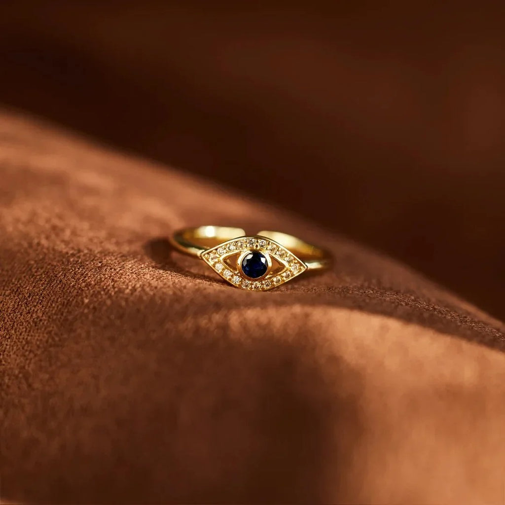 14K Gold Plated Blue Evil Eye Ring – Turkish Nazar Zirconia Women’s Jewelry