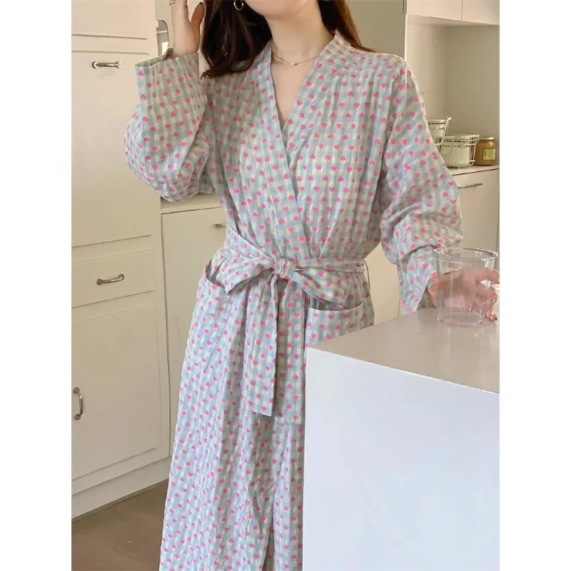 Women Plaid Kimono Nightgown Set – Long Sleeve Sexy Bathrobe with Lace-Up Trousers
