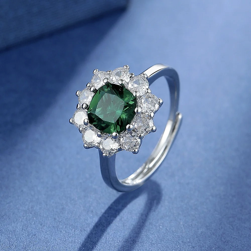 Flower Green Nano Emerald 925 Sterling Silver Halo Jewelry Set for Women (Ring, Necklace & Earrings)