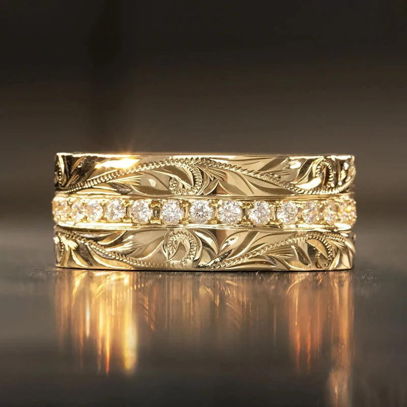 Huitan Women CZ Engraved Finger Ring – White/Blue Statement Jewelry