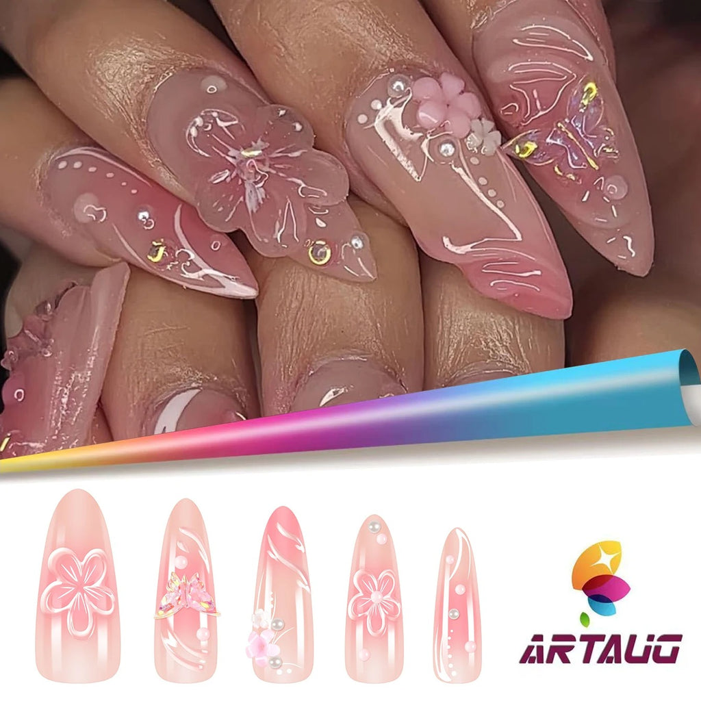 10Pcs Almond Press-On Nails with 3D Flower Design & French Tips