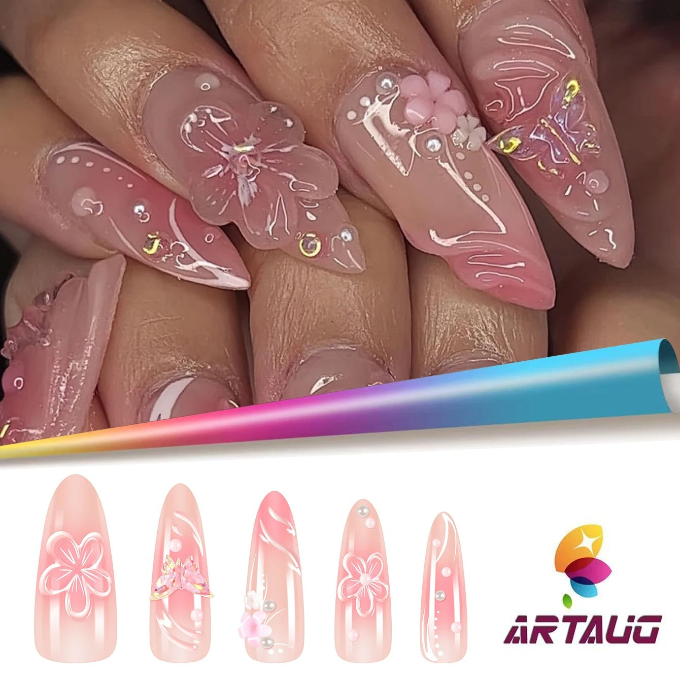 10Pcs Almond Press-On Nails with 3D Flower Design & French Tips