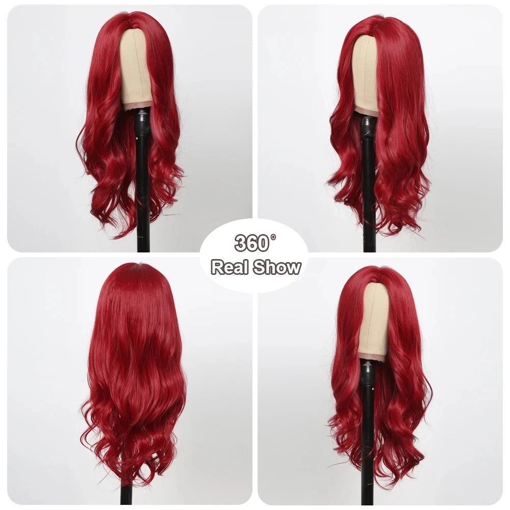 Red Center-Parted Long Wavy Synthetic Cosplay Wig