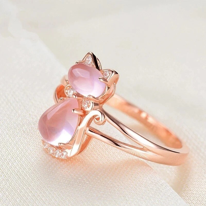 Huitan Pink Cat Ring – Cute Animal Fashion Jewelry for Women & Girls (Daily Wear Gift Ring)