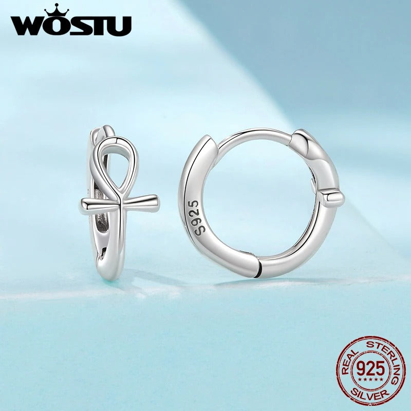 WOSTU 925 Sterling Silver Ankh Cross Huggie Earrings